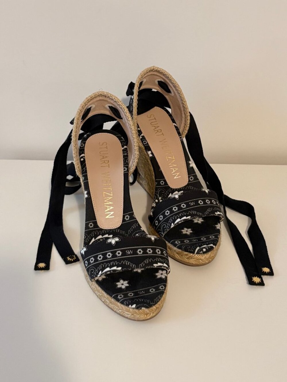 Stuart Weitzman Illeana Lace-Up Espadrille Wedge in Black Paisley Print - EU 35
